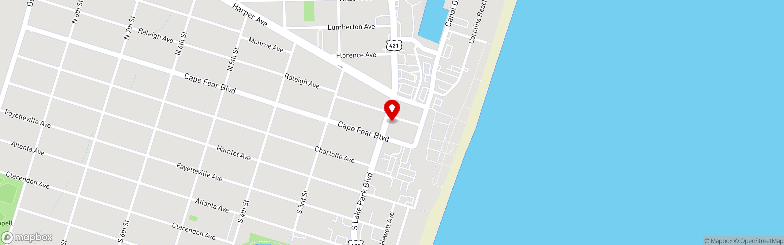 Street map pinning Shuckin' Shack - Carolina Beach in Carolina Beach
