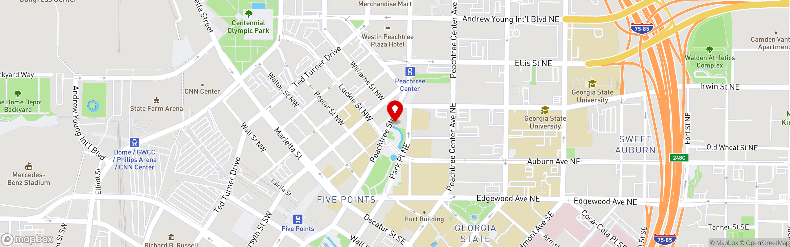 Street map pinning Rising Roll Gourmet Cafe' in Atlanta - Downtown (Candler Building)