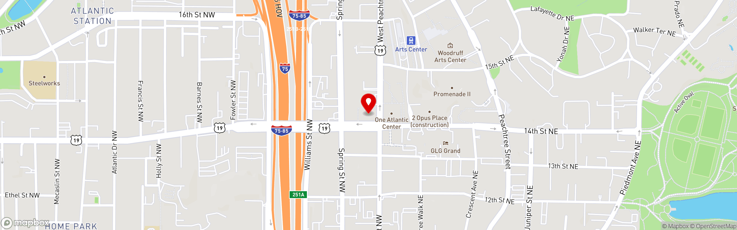 Street map pinning Rising Roll Gourmet Cafe' in Atlanta - Midtown (Regions Tower)