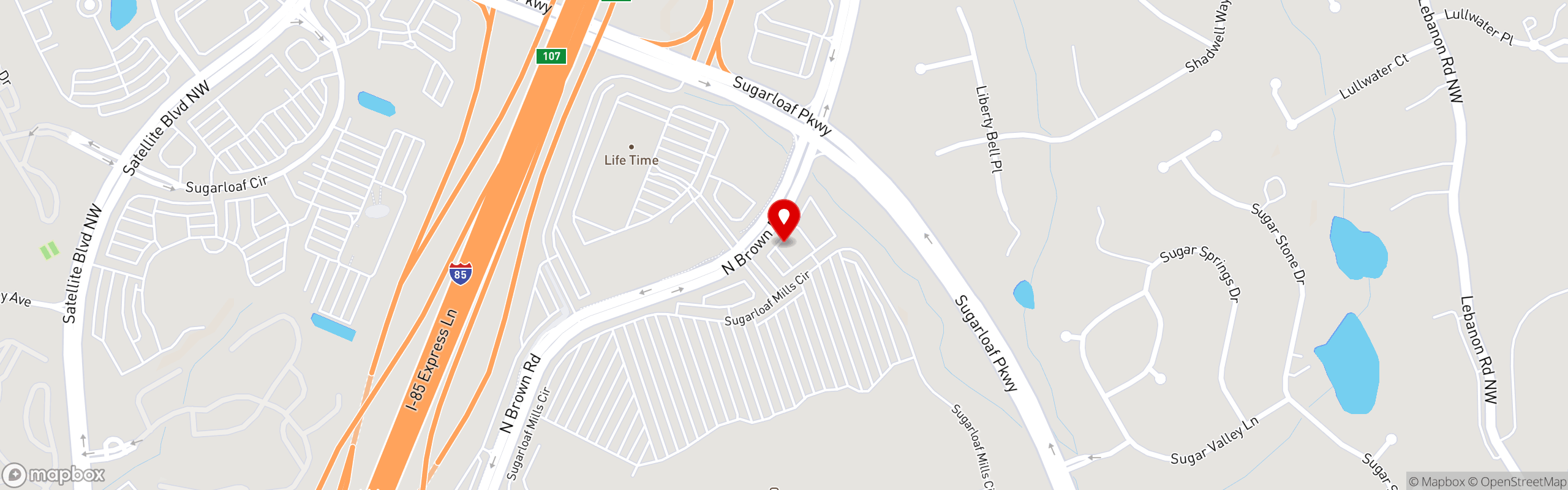 Street map pinning Rising Roll Gourmet Cafe' in Lawrenceville - Sugarloaf Mills area