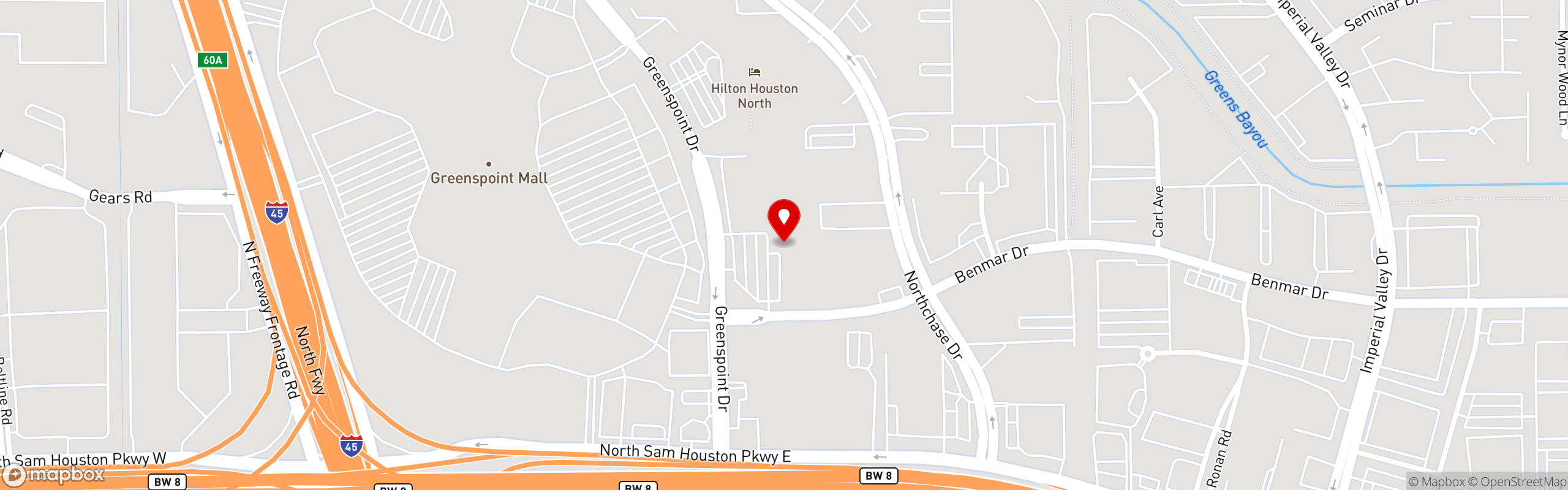 Street map pinning Rising Roll Gourmet Cafe' in Houston - Greenspoint