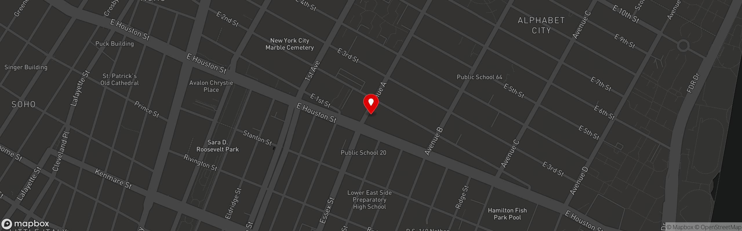 Street map pinning Kelly's Sports Bar in East Village