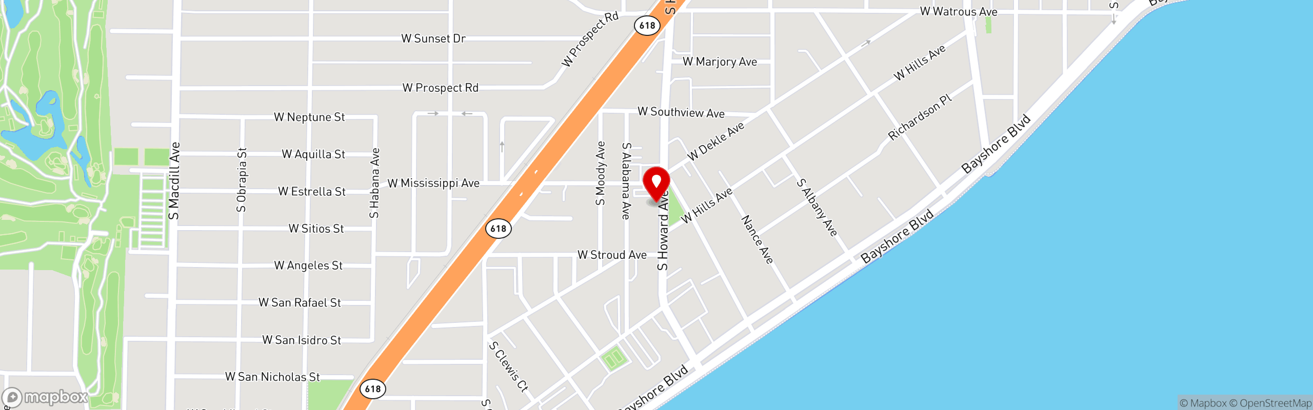 Street map pinning Bella's Italian Café in Tampa