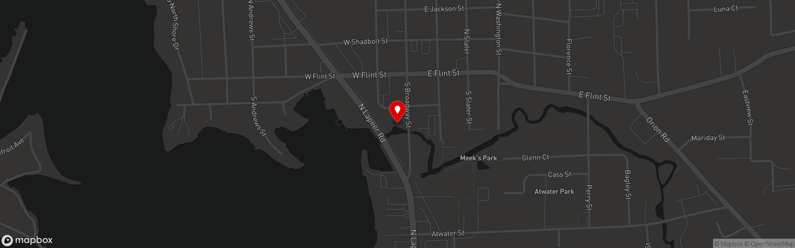 Street map pinning Bitter Tom's Distillery in Downtown Lake Orion
