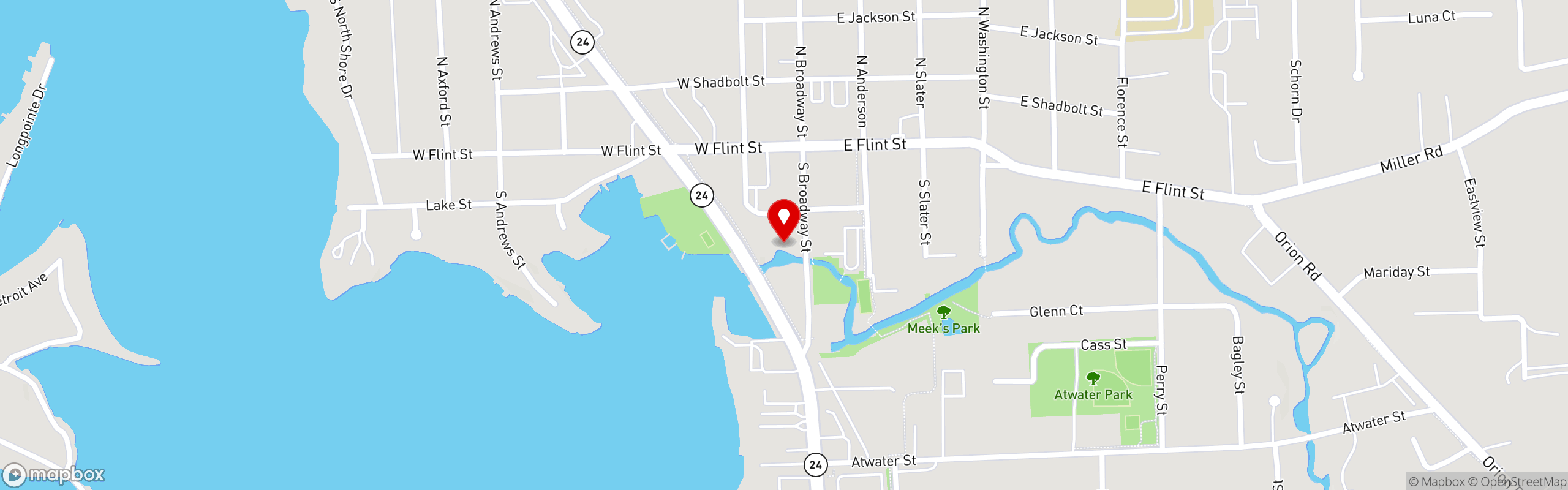 Street map pinning Bitter Tom's Distillery in Downtown Lake Orion