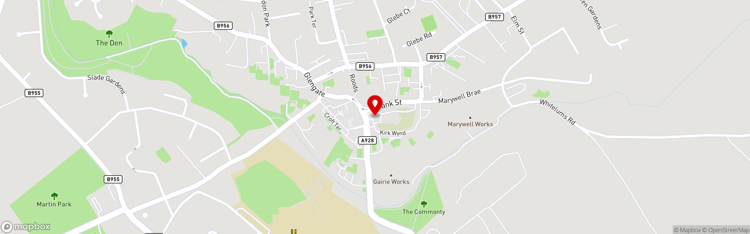 Street map showing the location of Curriemuir Cuisine in Kirriemuir