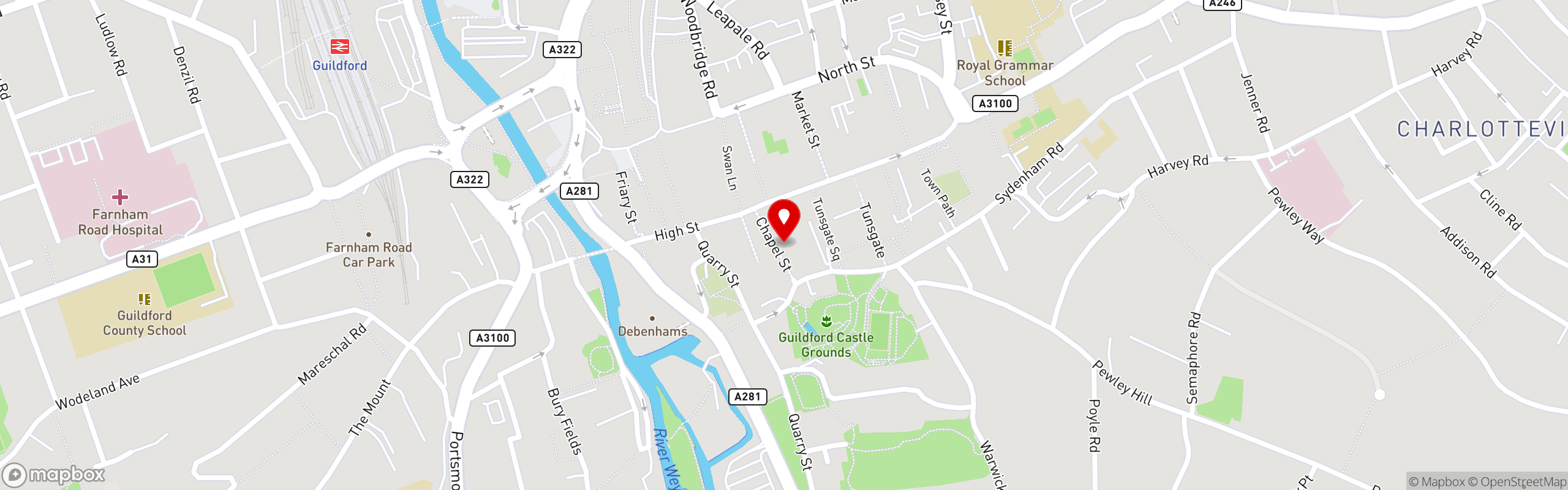 Street map showing the location of The Boring Burger in The Boring Burger