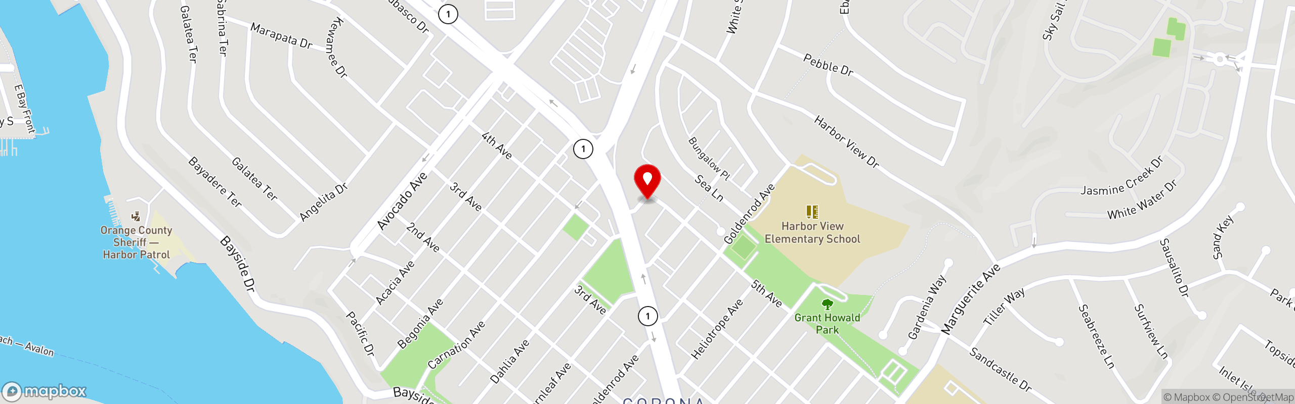 Street map pinning Bamboo Bistro in Corona Del Mar