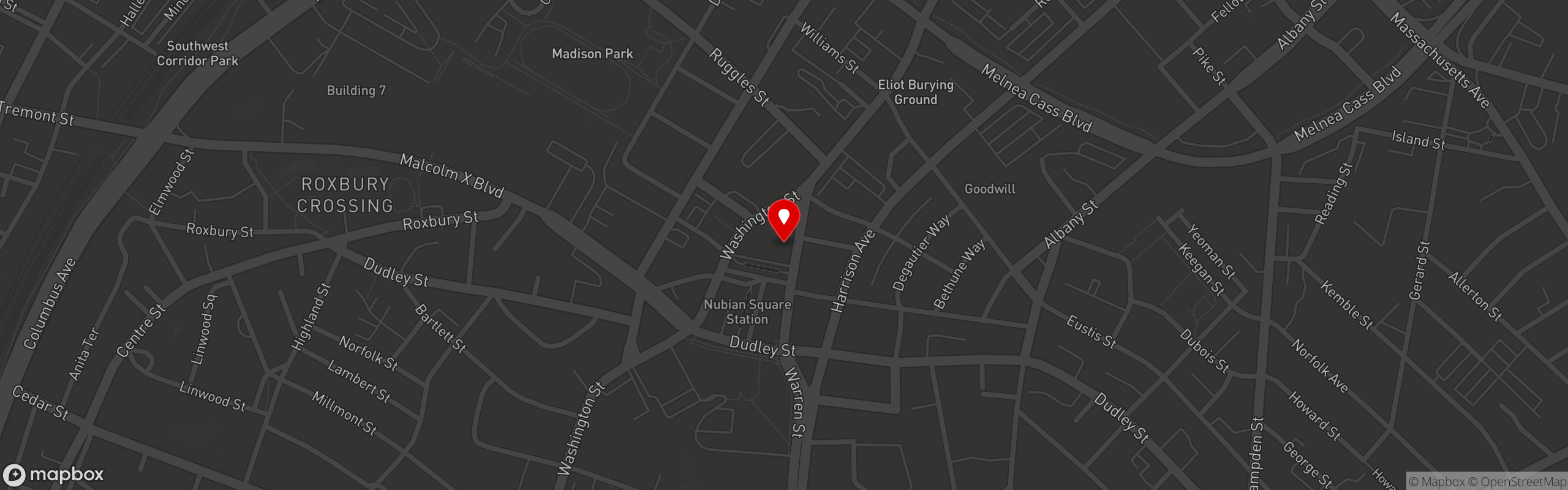 Street map pinning Dudley Cafe in Roxbury