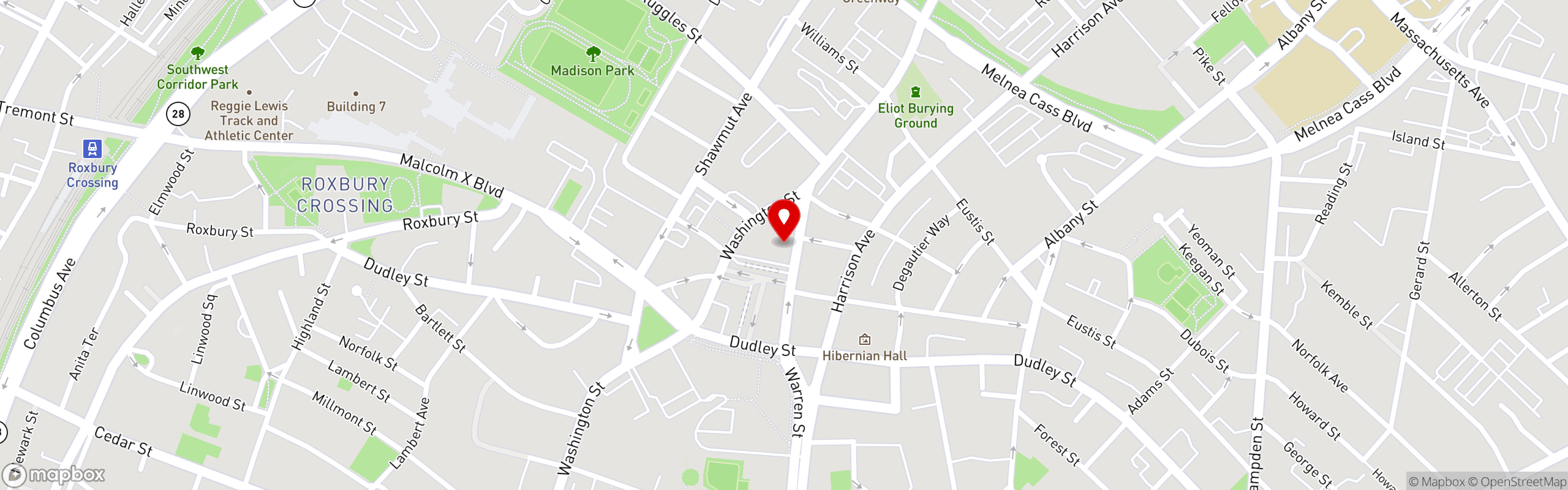 Street map pinning Dudley Cafe in Roxbury