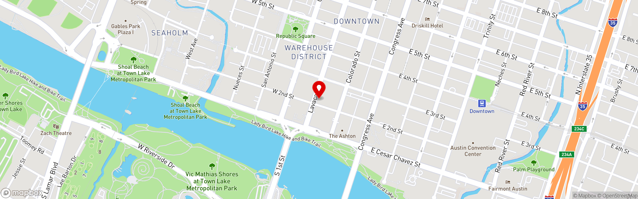 Street map pinning Taverna in Austin, TX (Downtown)