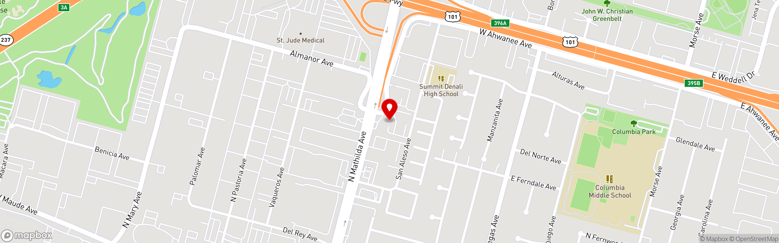 Street map pinning Hobee's Restaurant in Sunnyvale