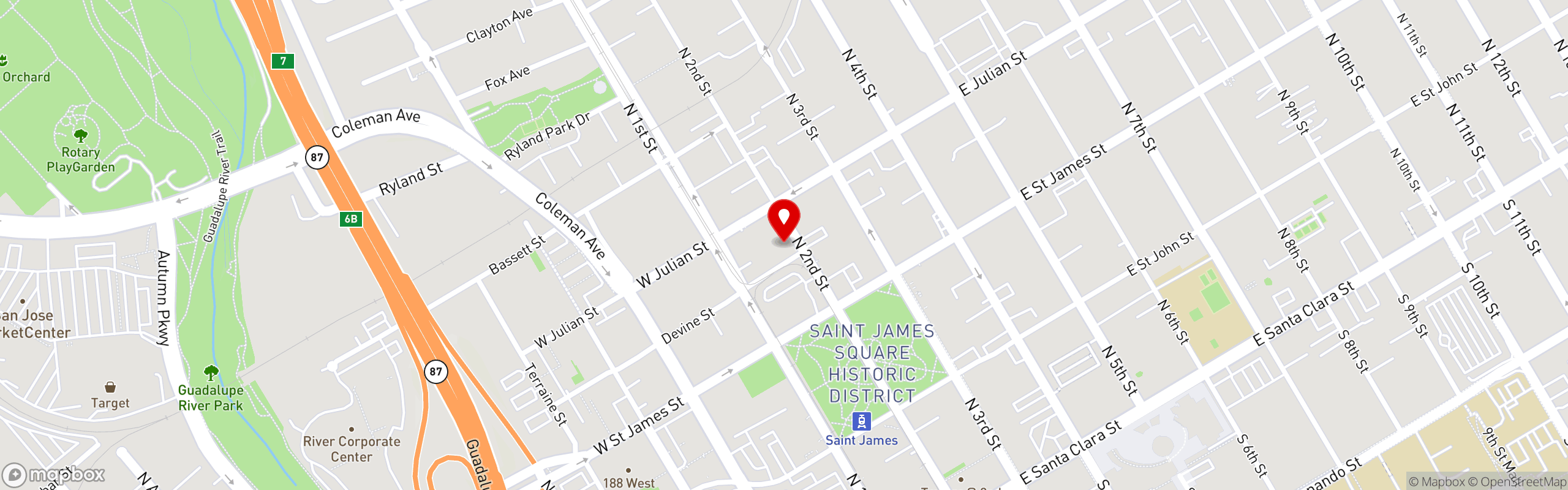 Street map pinning Hobee's Restaurant in Downtown San Jose