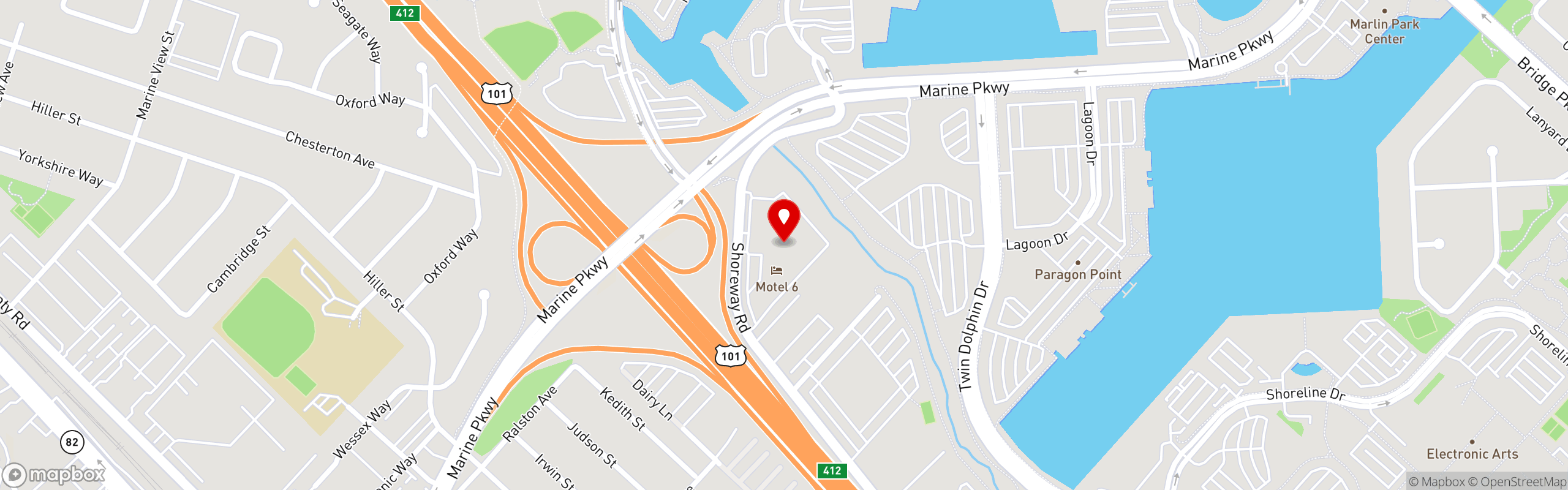 Street map pinning Hobee's Restaurant in Redwood Shores