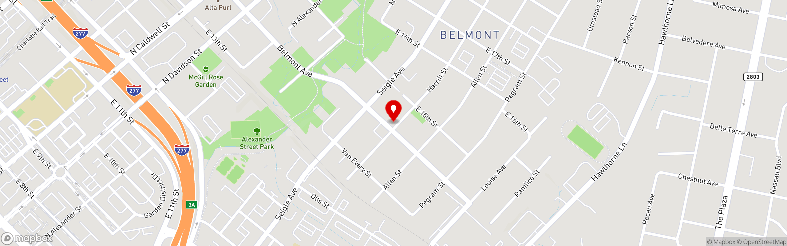 Street map pinning Sweet Lew's BBQ in Charlotte, NC