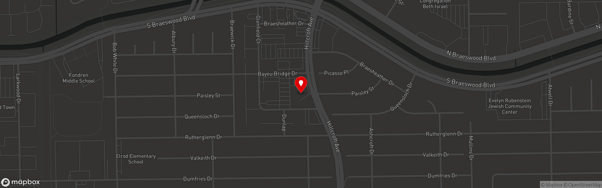 Street map pinning NY Deli in Hillcroft Location