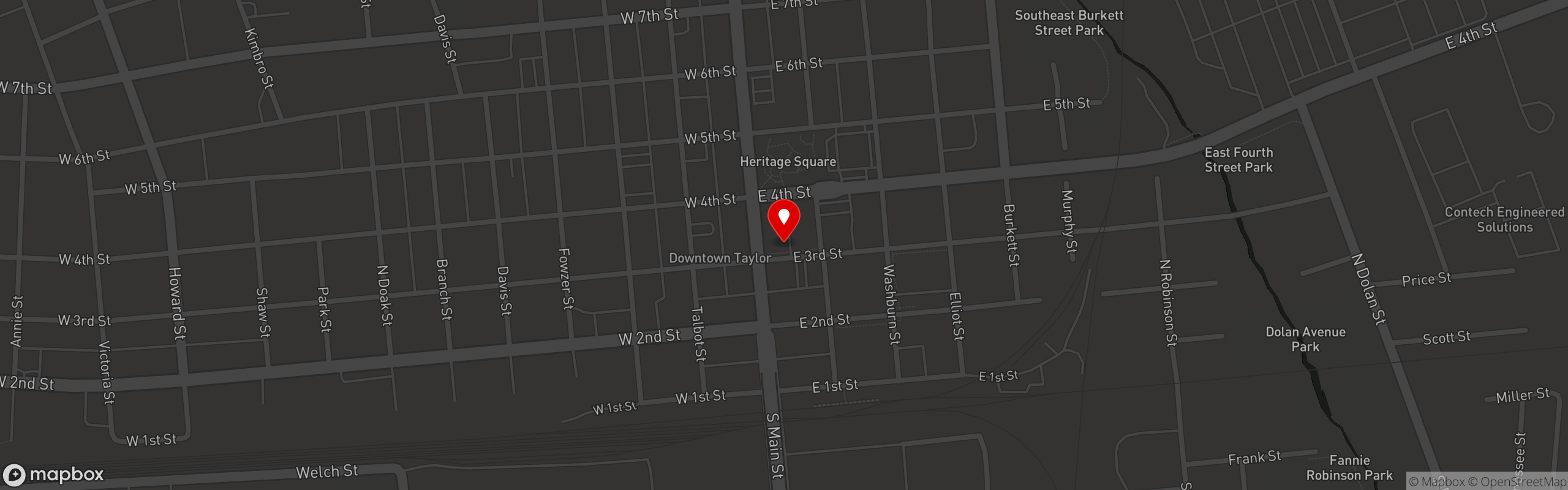 Street map pinning Texan Cafe & Pie Shop in Taylor