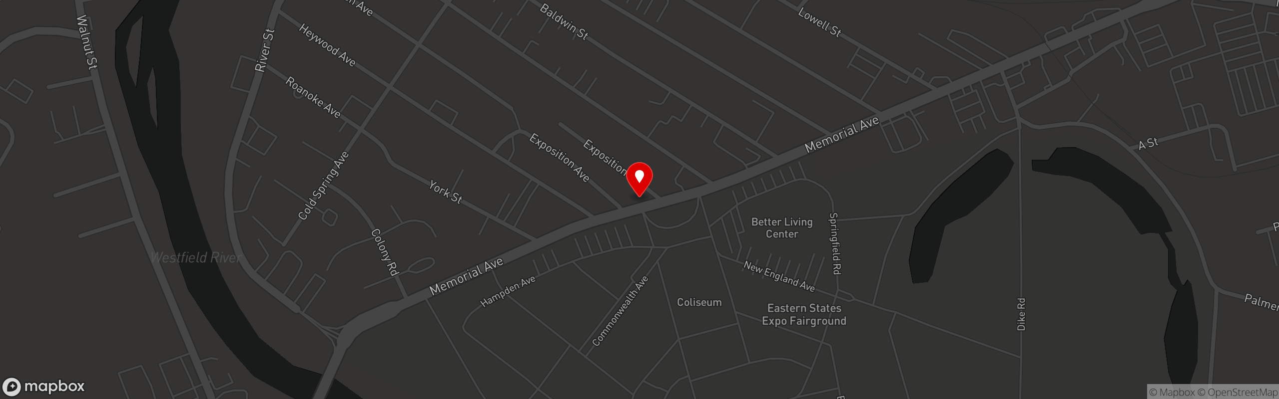 Street map pinning Lattitude Restaurant in West Springfield