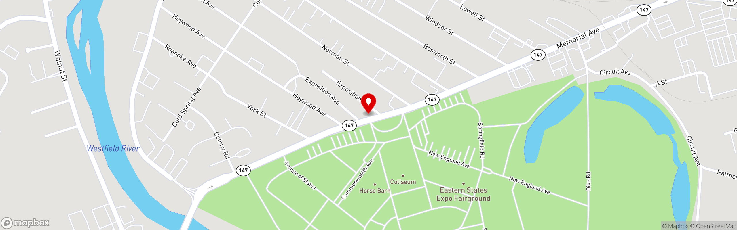 Street map pinning Lattitude Restaurant in West Springfield