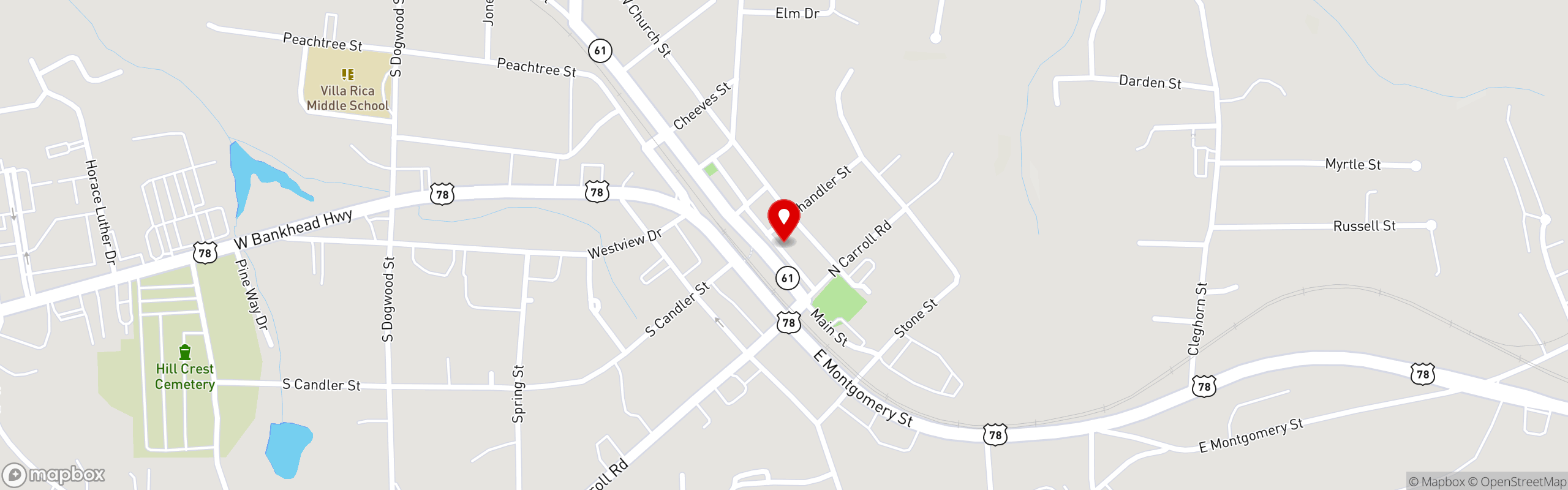 Street map pinning Gabe's Downtown in Villa Rica