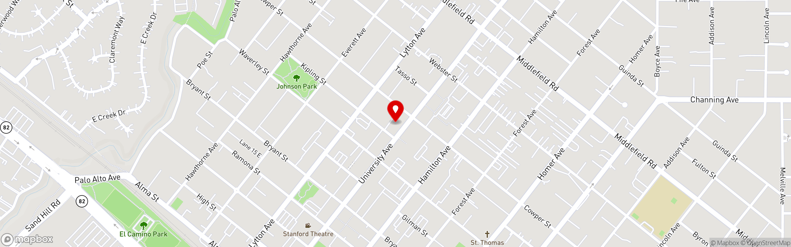 Street map pinning ROOH in Palo Alto, CA