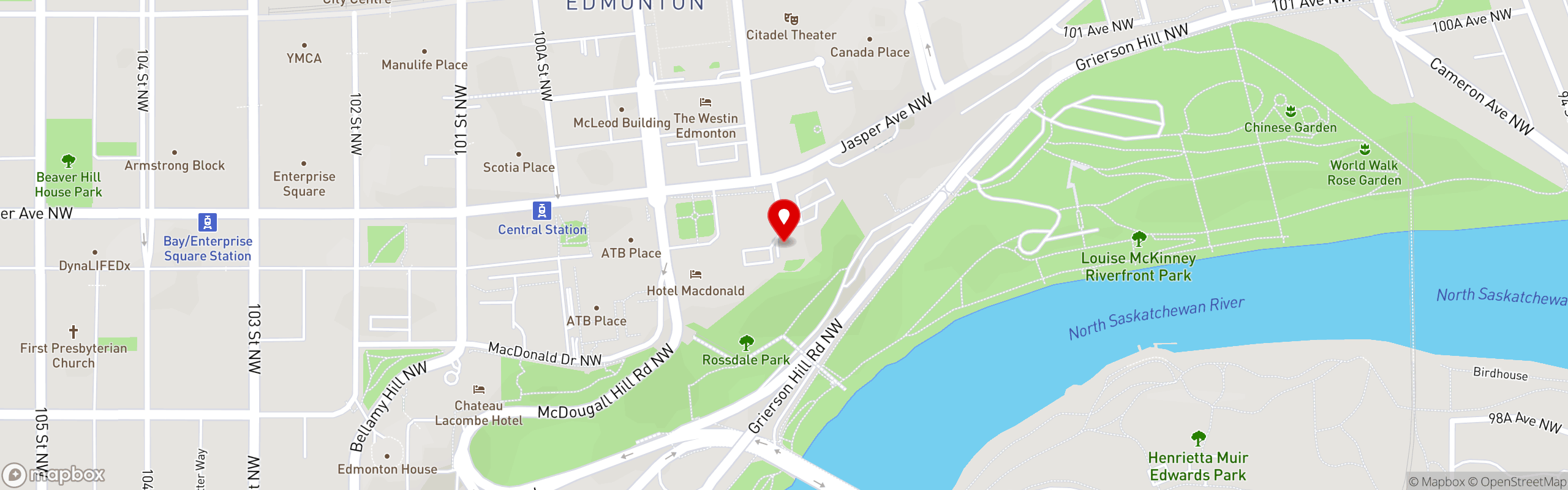 Street map pinning Riverside Bistro in Riverside Bistro - Edmonton