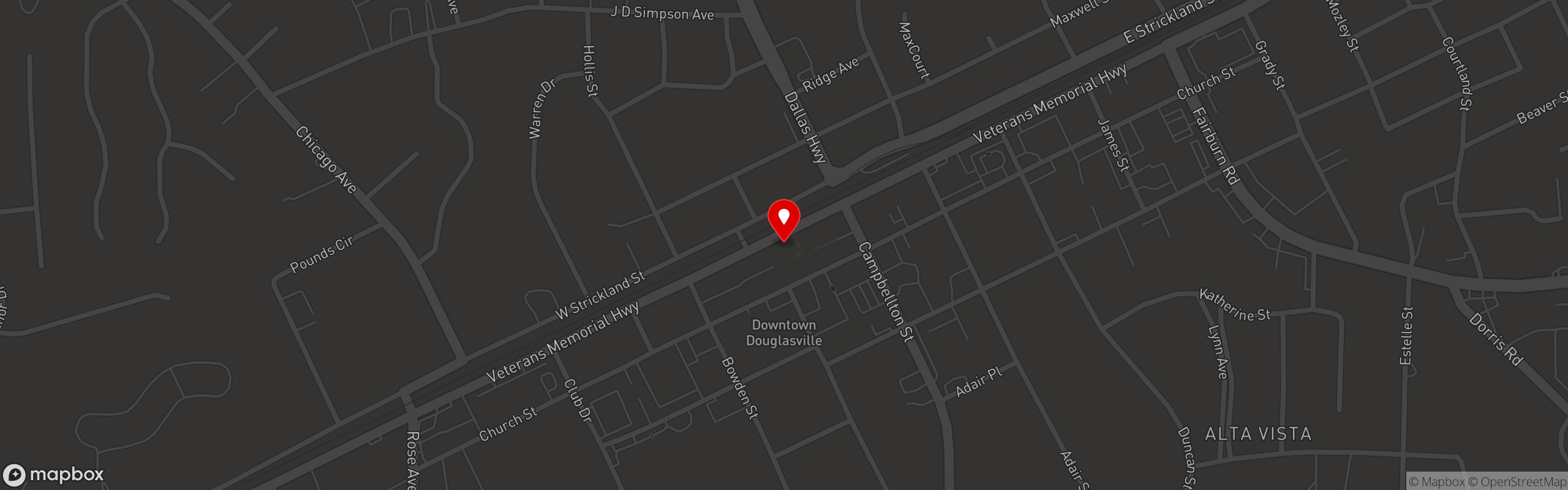 Street map pinning T's Burger Bar in Douglasville