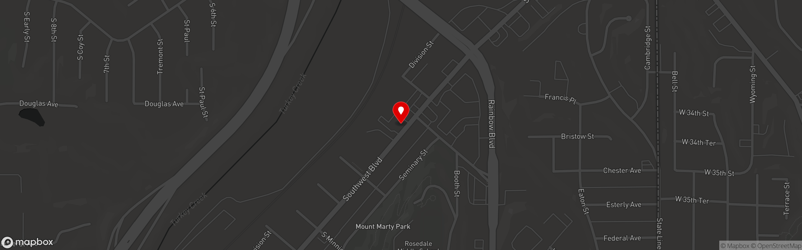 Street map pinning Rosedale Bar-B-Q in Kansas City, KS