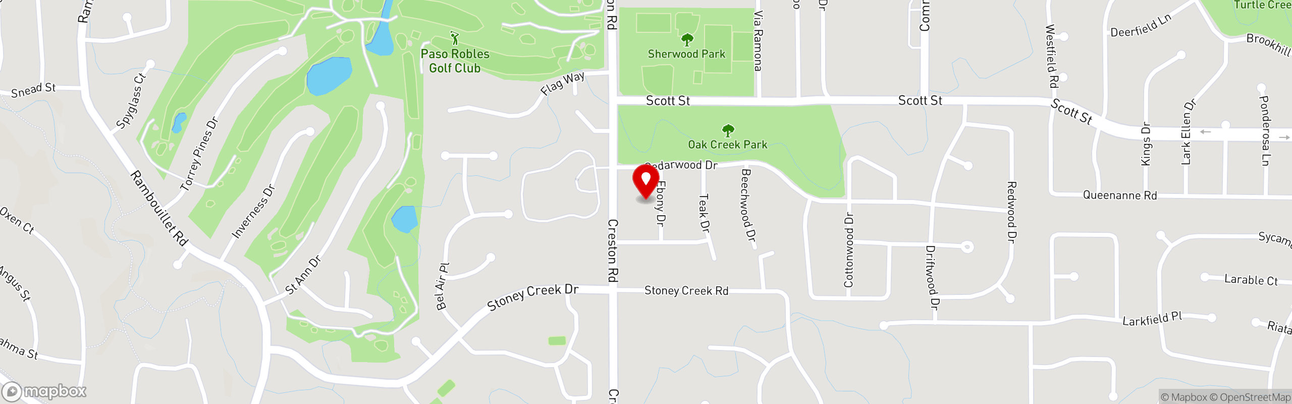 Street map pinning Pizza Express Paso Robles in Creston St.