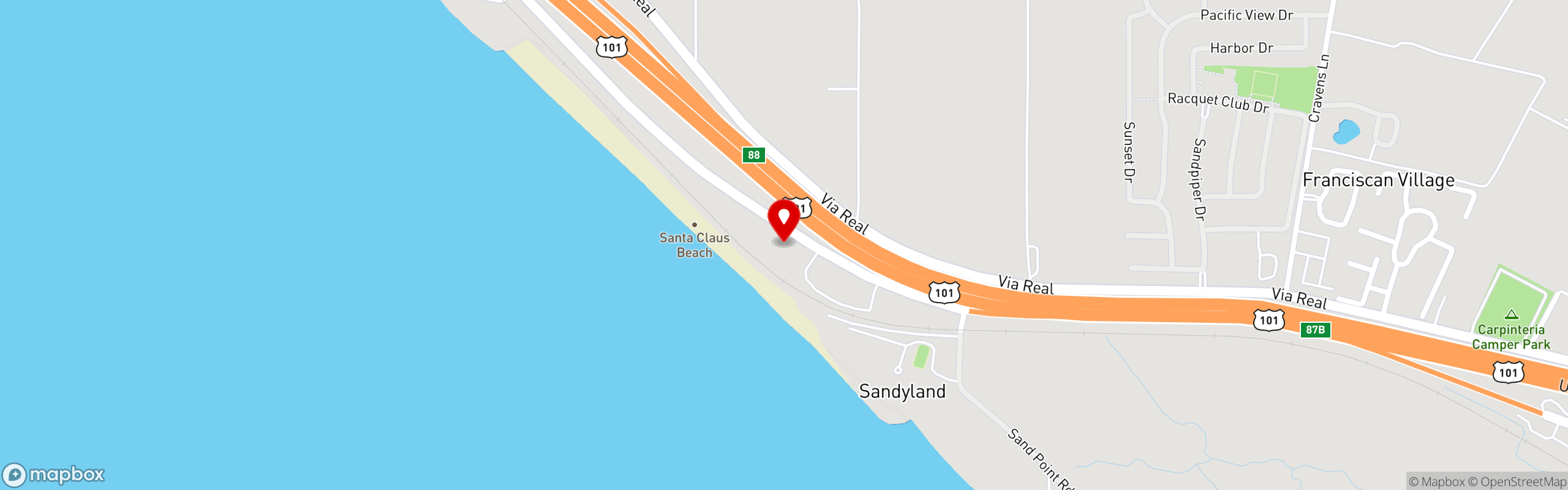Street map pinning Padaro Beach Grill in Carpinteria