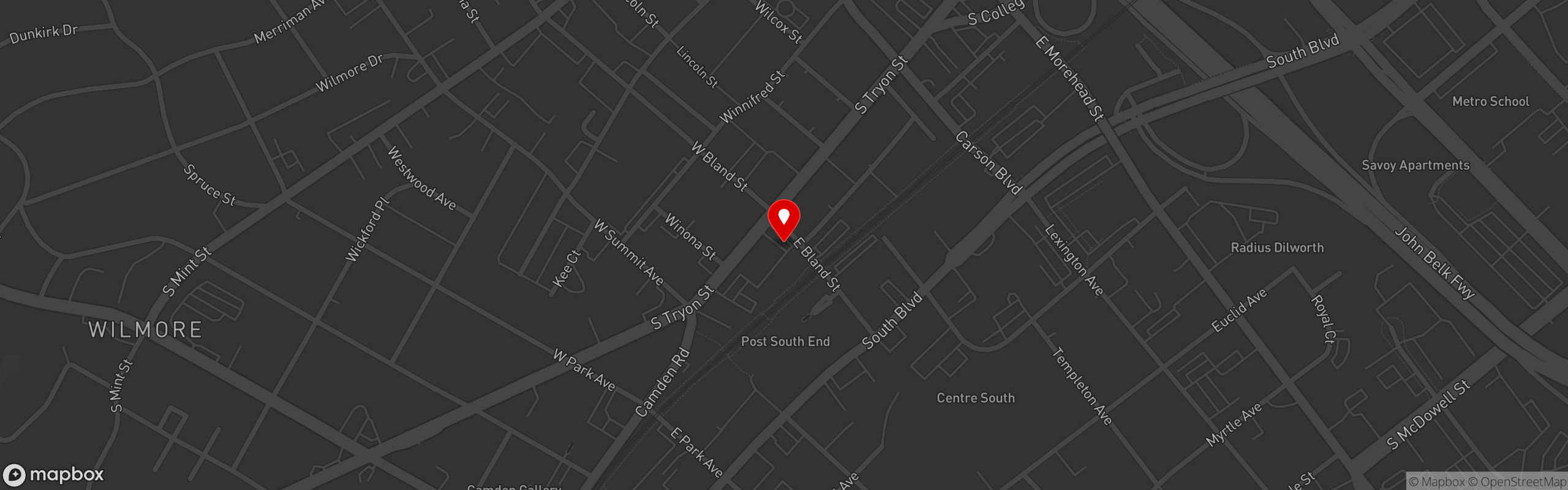 Street map pinning Tavern On The Tracks in South End Charlotte
