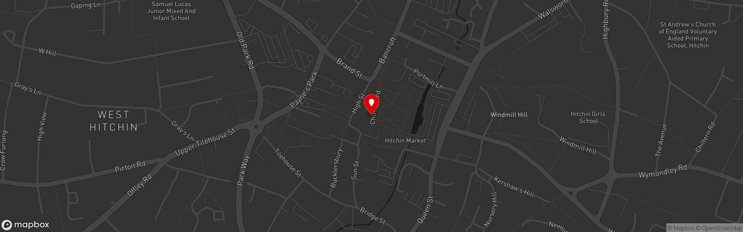 Street map showing the location of Cawsburger in Hitchin Restaurant