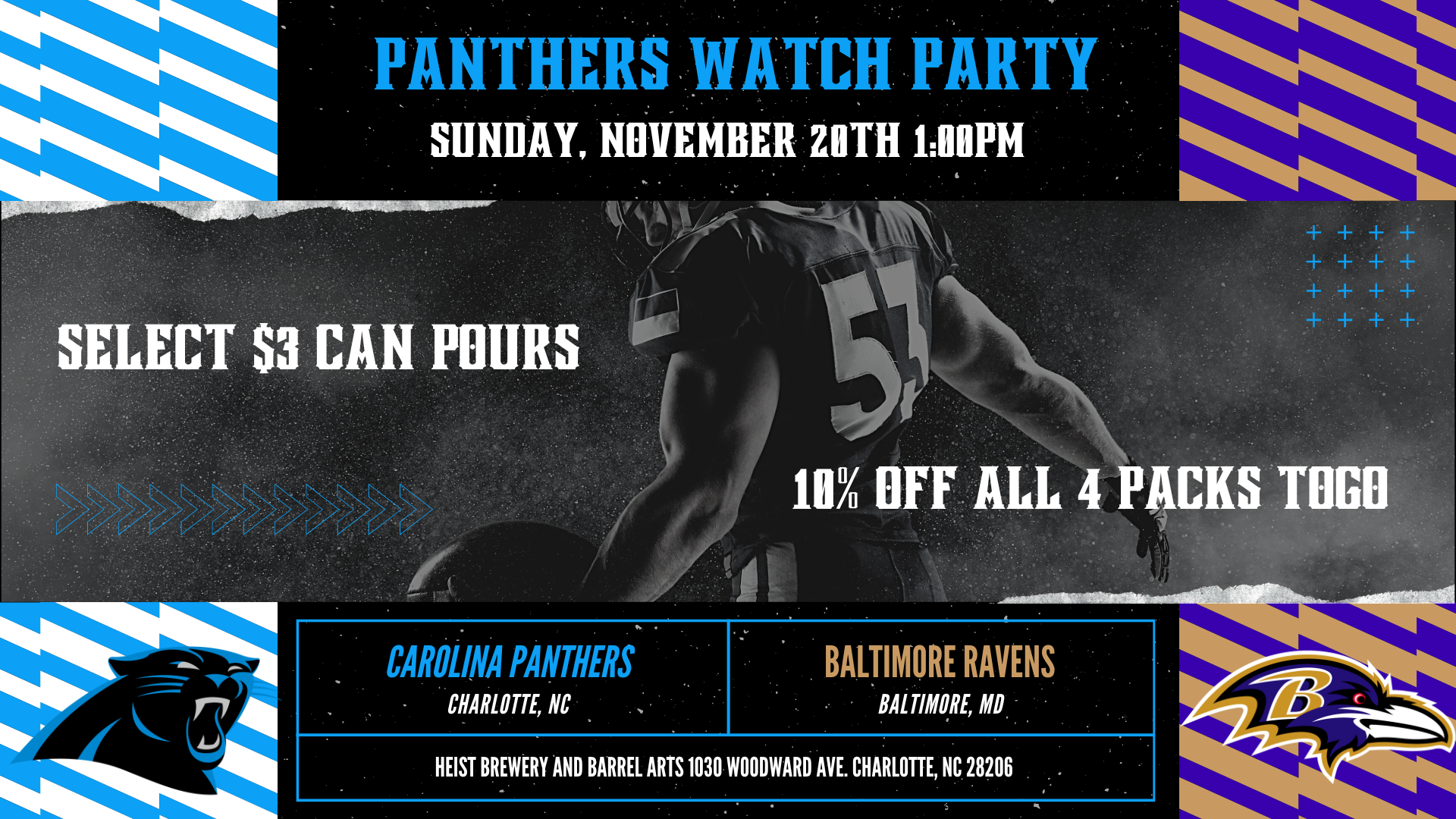 Carolina Panthers Watch Party: Carolina Panthers VS. Baltimore Ravens -  Heist Brewery