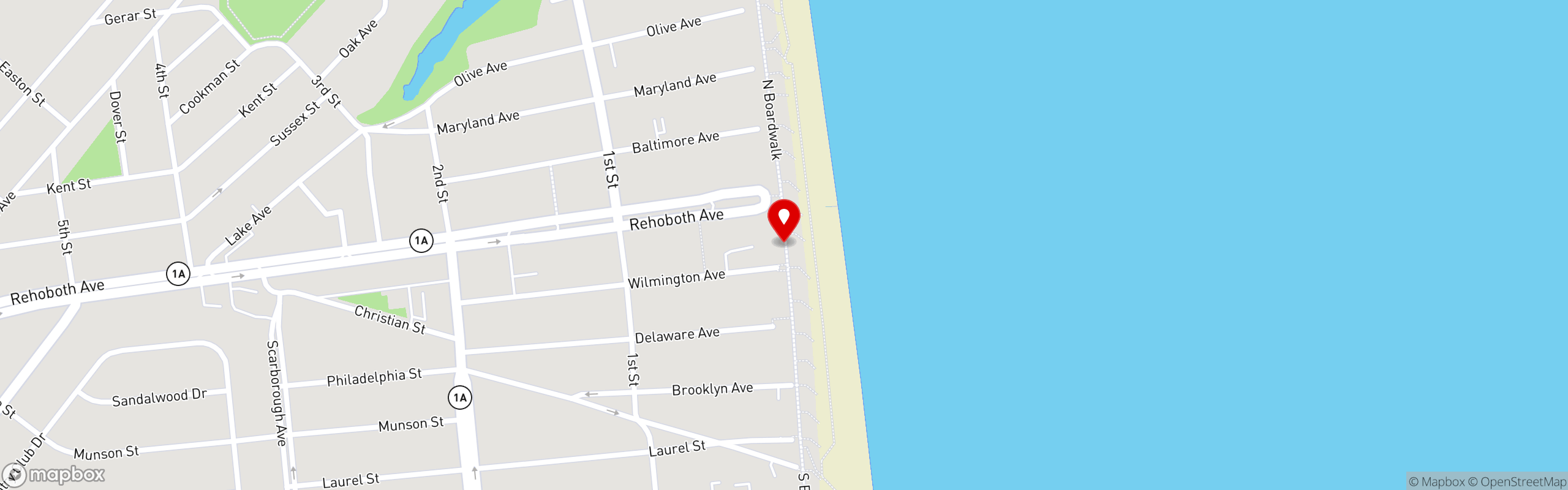 Street map pinning Starkey's Funnel Cake Factory in Rehoboth Beach, DE