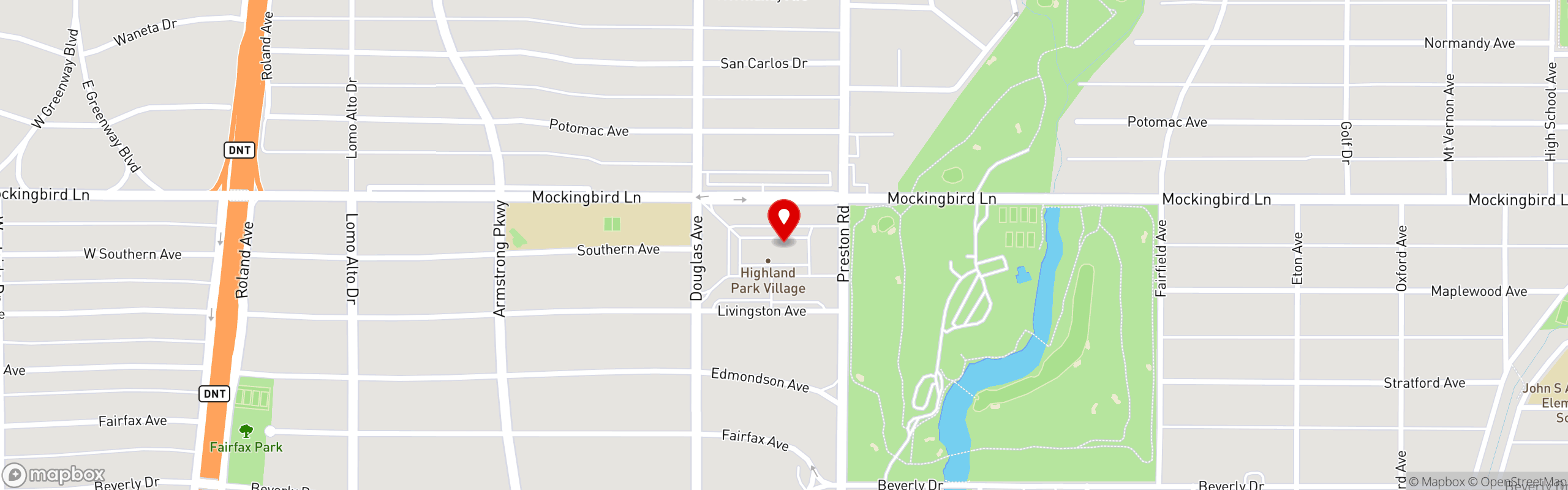 Street map pinning Bistro 31 in Highland Park Village