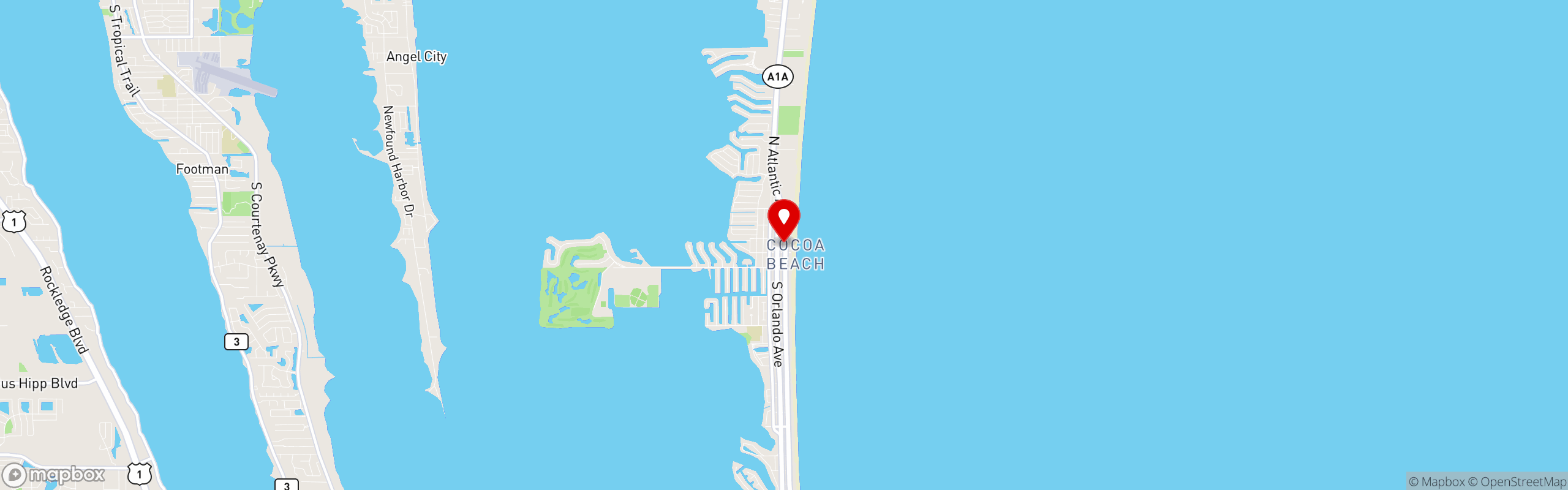 Street map pinning Q's Crackin Crab & Seafood Kitchen in Cocoa Beach