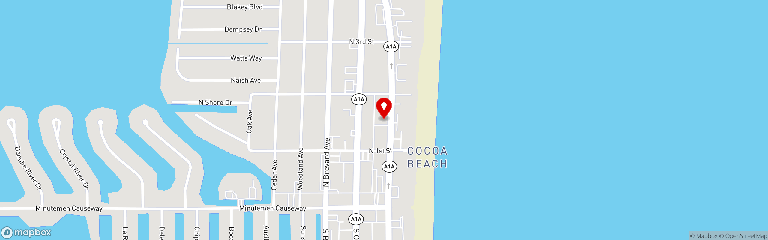 Street map pinning Q's Crackin Crab & Seafood Kitchen in Cocoa Beach