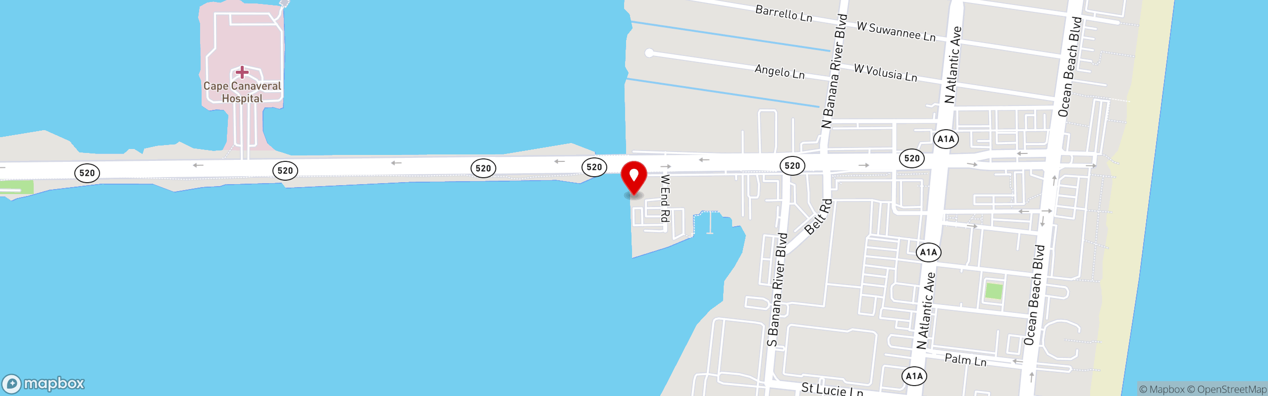 Street map pinning Sunset Cafe' Waterfront Bar & Grill in Cocoa Beach