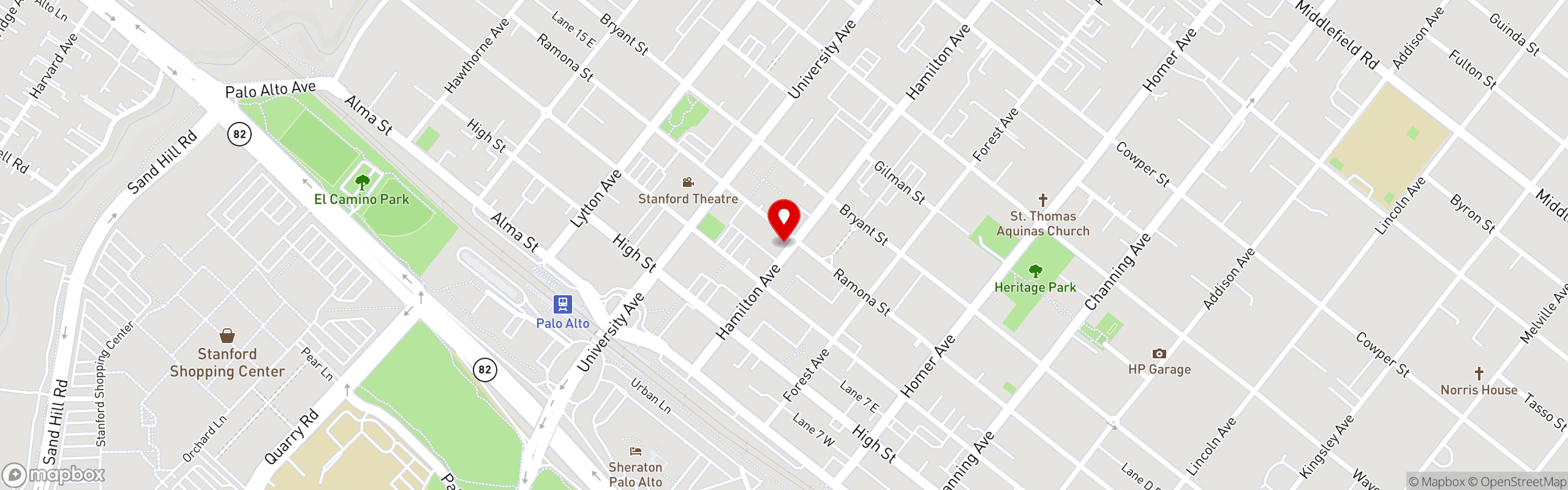 Street map pinning Osteria Toscana in Palo Alto