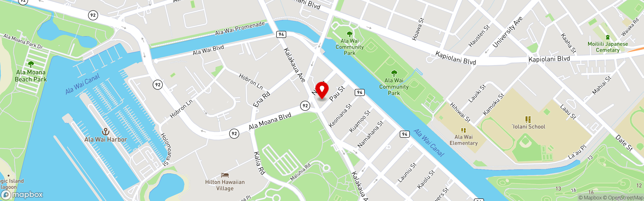 Street map pinning Earth Aloha Eats in Waikiki (Oahu)