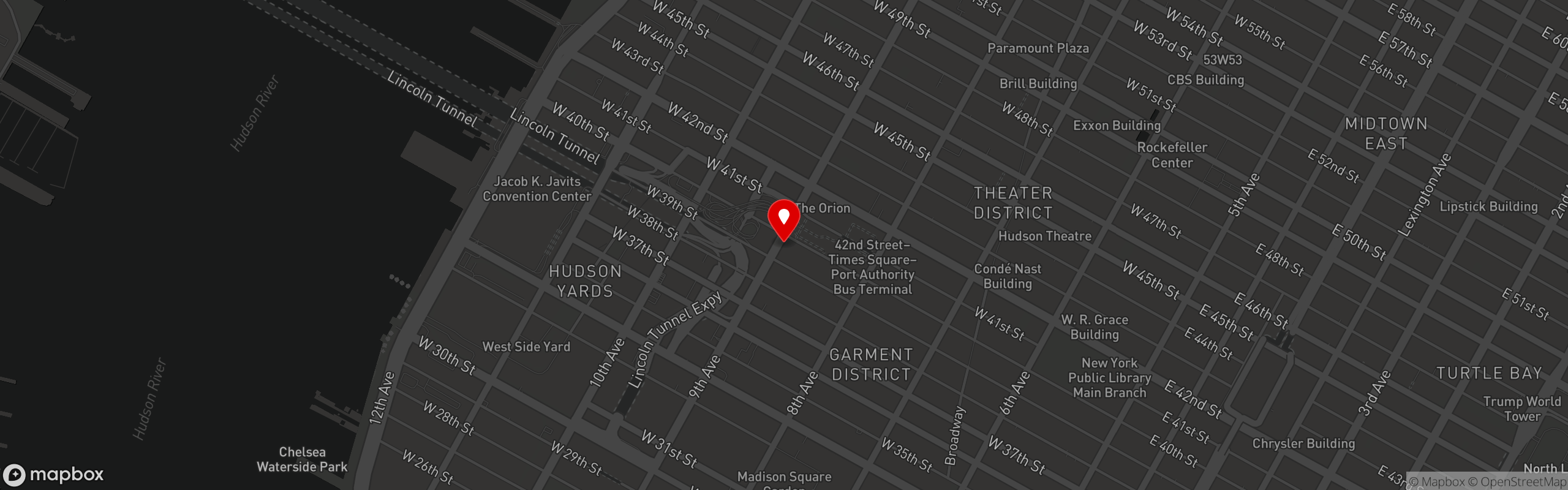 Street map pinning Buena Vista Restaurant & Bar in Hell's Kitchen