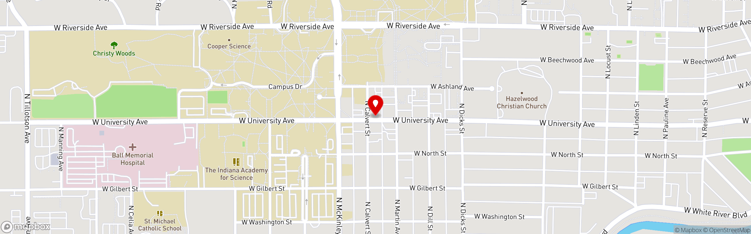 Street map pinning Twisters Soda Bar in Muncie, IN