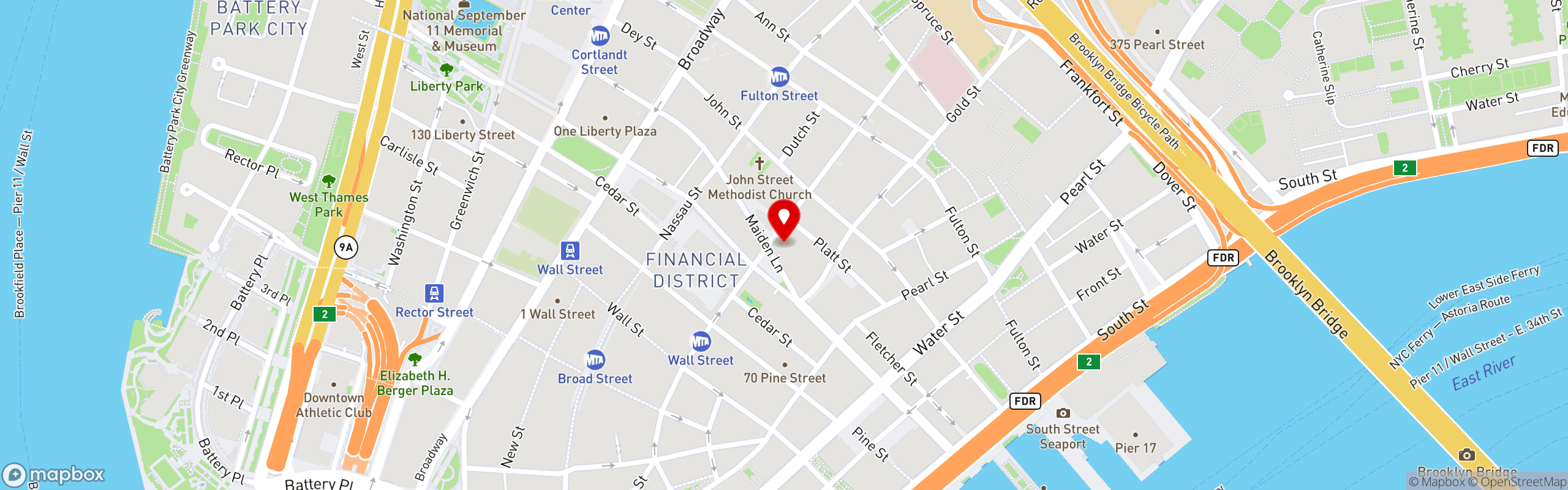 Street map pinning Blue Ribbon Sushi Bar and Grill - Financial District in Blue Ribbon Sushi Bar & Grill - Financial District