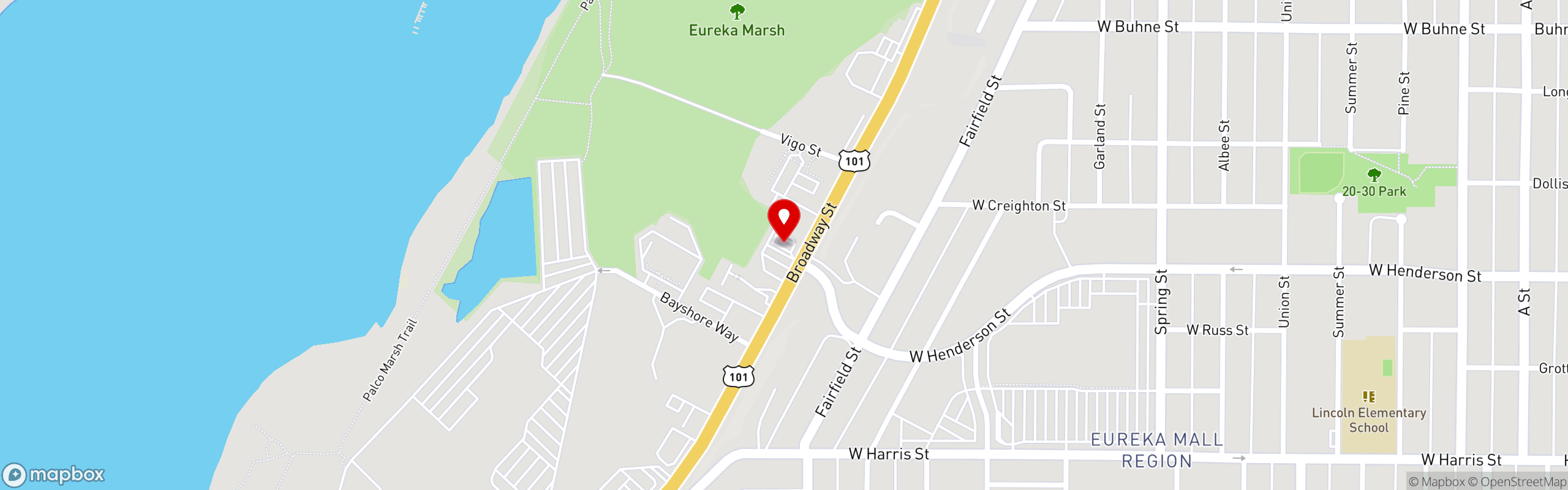 Street map pinning Shotz Coffee in Eureka