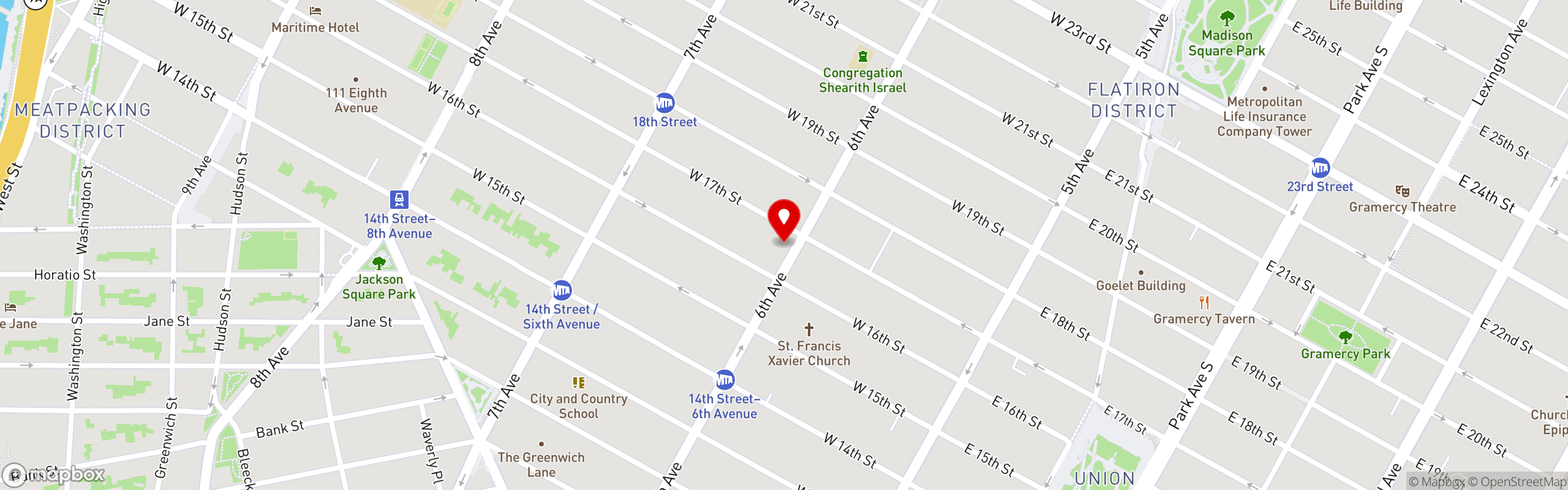 Street map pinning The Hummus and Pita Co. in Manhattan