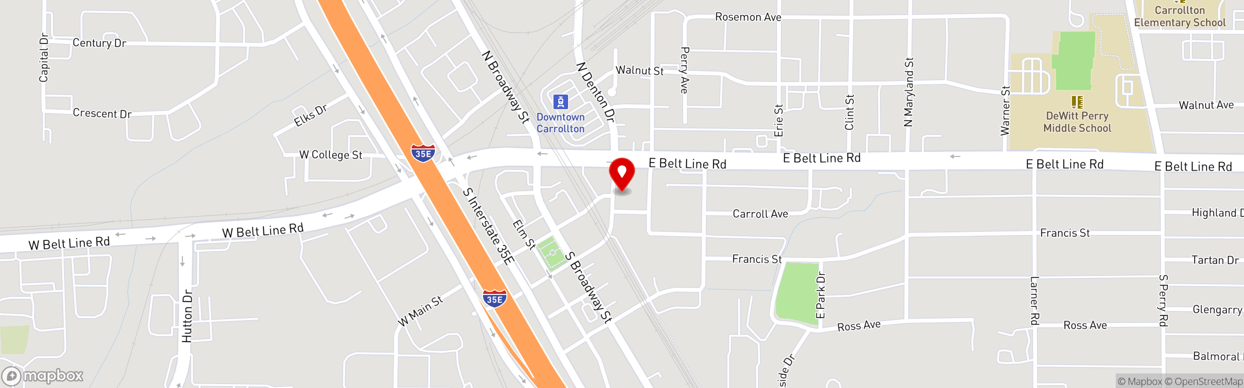 Street map pinning Barrel & Bones Craft Bar and Smokehouse in Carrollton