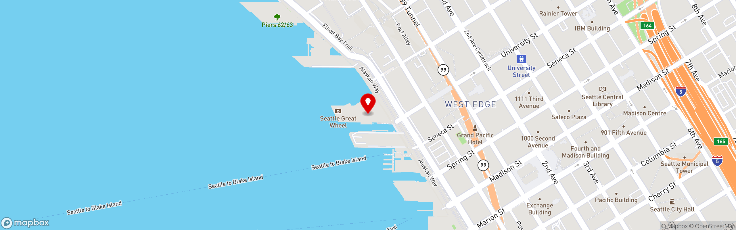 Street map pinning Alaskan Sourdough Bakery in PIer 57 Seattle