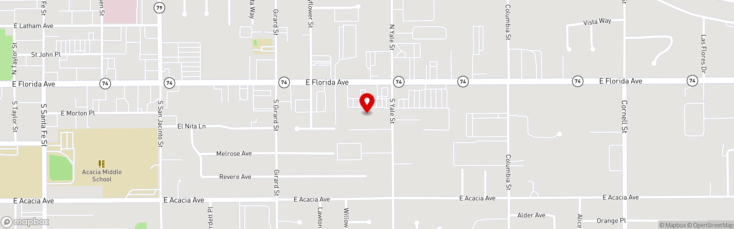 Street map pinning Rodolfo's Cucina Italiana in Hemet, CA