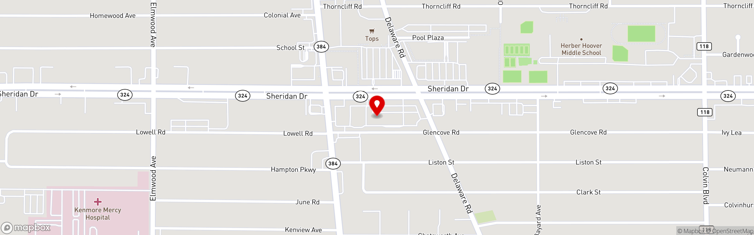 Street map pinning Pie-O-Mine/Greens in Tonawanda, NY