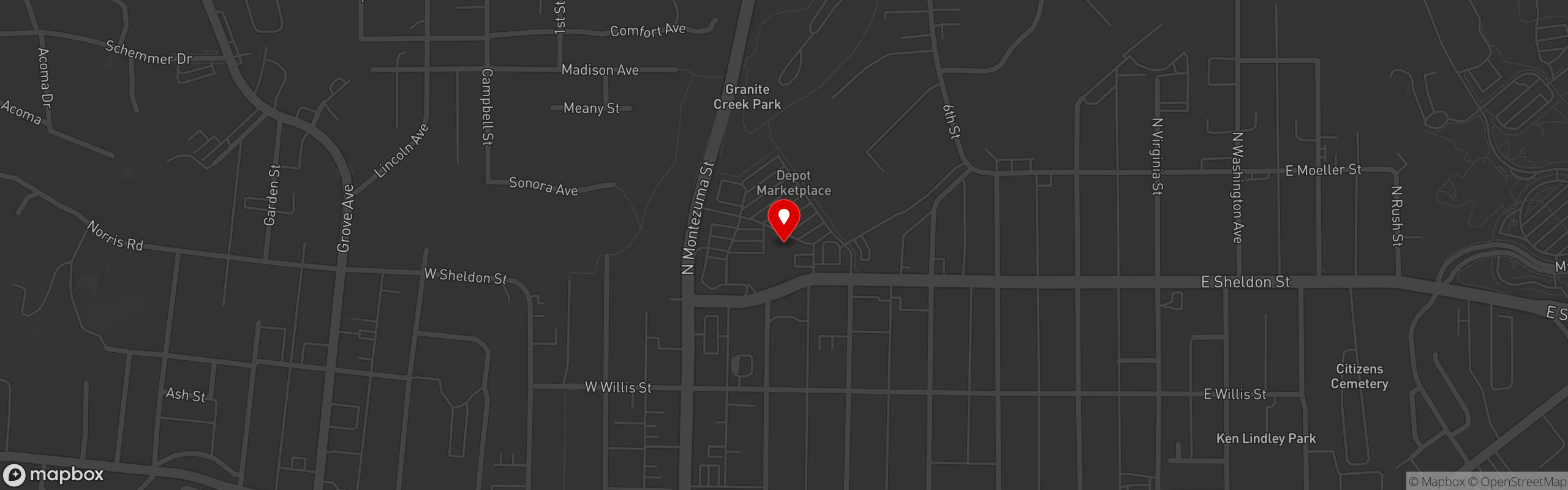 Street map pinning Streets of New York in Prescott - Sheldon St and Montezuma St